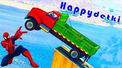 Человек паук прыгает на больших грузовиках в воду, мультики про машинки, цветные супергерои, песенки
